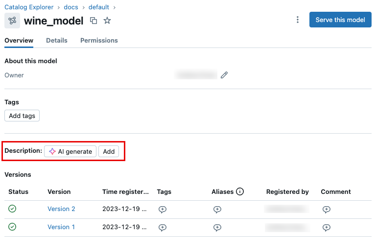 Pulsanti per la descrizione del modello UC
