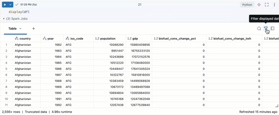 Filtrare l'output della tabella usando Genie Code.
