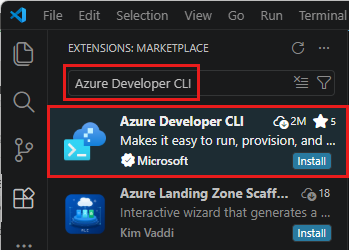 Screenshot di Visual Studio Code che mostra il riquadro delle Estensioni con l'estensione Azure Developer CLI e l'opzione Installa evidenziata.