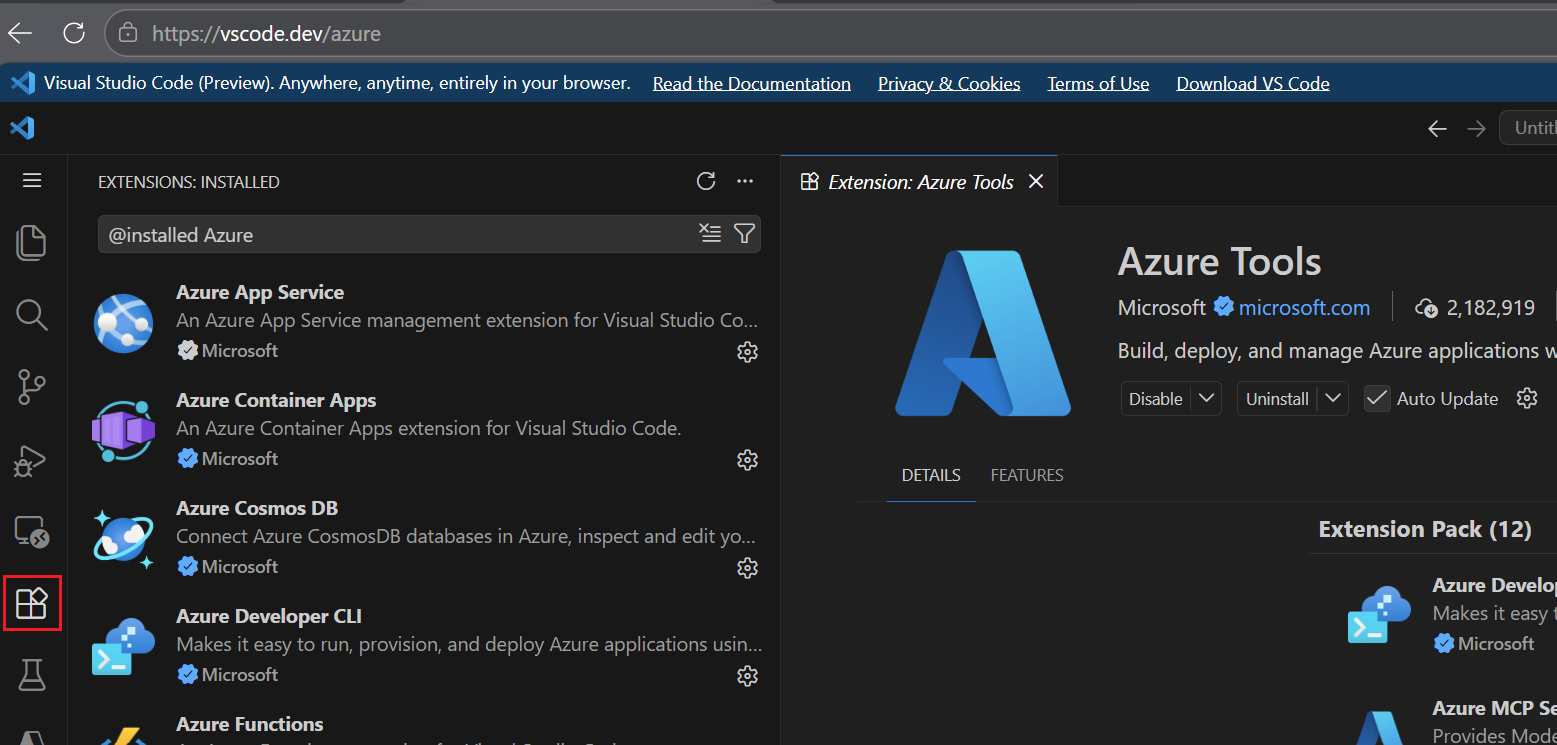 Screenshot di VS Code per il Web che mostra i dettagli del pacchetto di estensione strumenti di Azure e l'elenco delle estensioni di Azure installate.