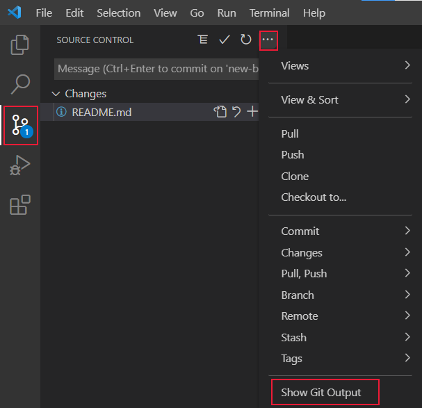 Screenshot del controllo del codice sorgente di Visual Studio Code con la selezione Mostra output Git evidenziata.