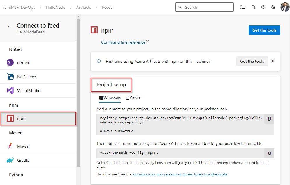 Screenshot che mostra come configurare un progetto npm e connettersi a un feed in Azure DevOps Services.
