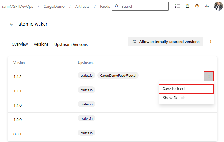Screenshot che mostra come salvare una versione specifica del pacchetto da un'origine upstream.