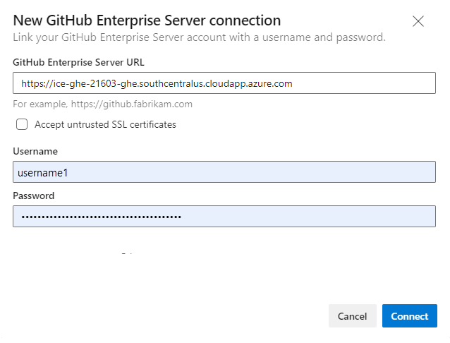 Screenshot della schermata di nuova connessione a GitHub Enterprise, finestra di dialogo per la connessione del nome utente.