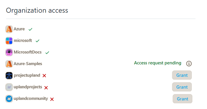 Screenshot dell'accesso all'organizzazione con organizzazioni che non hanno accesso.