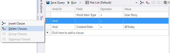 Screenshot di Visual Studio Editor di query, menu contestuale per le clausole di inserimento ed eliminazione.