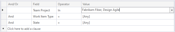 Screenshot di Visual Studio Editor di query, query elenco piatto, specifica clausole di due progetti.