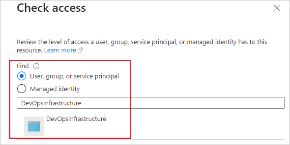Screenshot che mostra come selezionare il principale AzureDevOpsInfrastructure.
