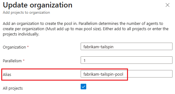 Screenshot che mostra come configurare un alias del pool per più organizzazioni.