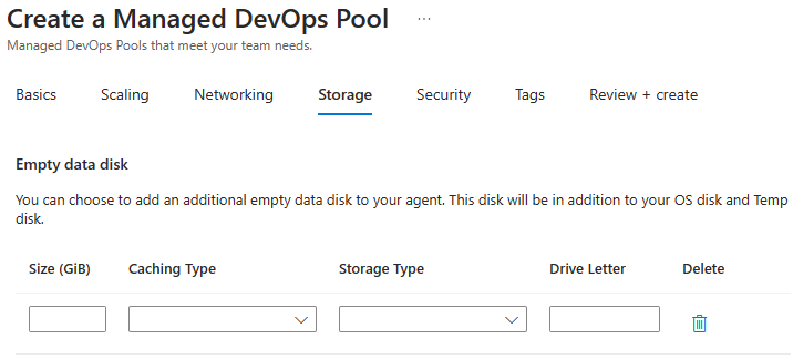 Screenshot che mostra come configurare un disco dati quando si crea un pool.