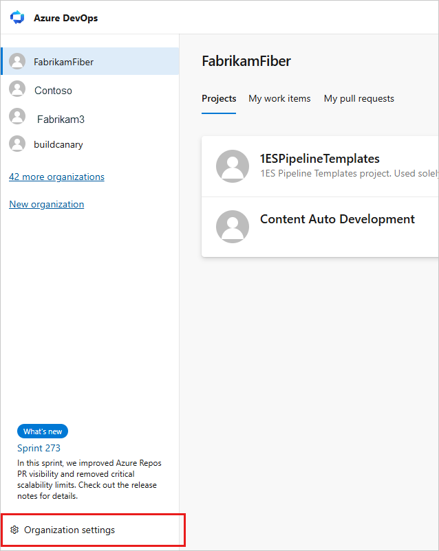 Screenshot che mostra il pulsante delle Impostazioni dell'Organizzazione per selezione.