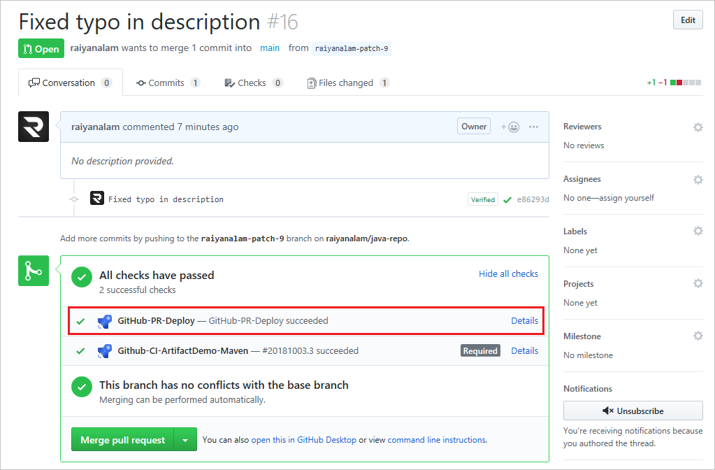 Una screenshot che mostra i controlli di stato della pull request.