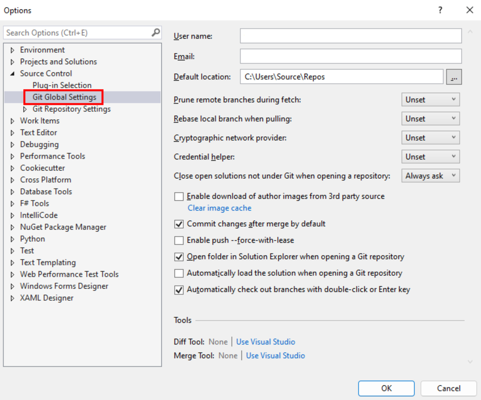 Screenshot delle impostazioni globali Git nella finestra di dialogo Opzioni di Visual Studio.
