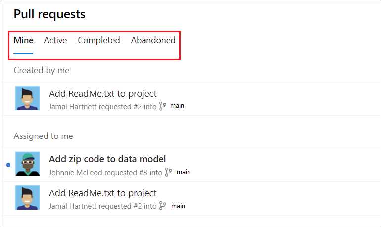 Screenshot delle schede di visualizzazione di Azure Repos per le pull request.
