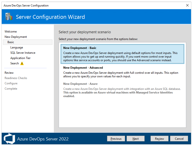 Screenshot della Procedura guidata di configurazione del server, Nuova distribuzione, opzione di base selezionata, 2022.