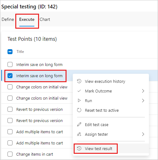 La schermata mostra la selezione dell'opzione Visualizza i risultati dei test dal menu di scelta rapida.