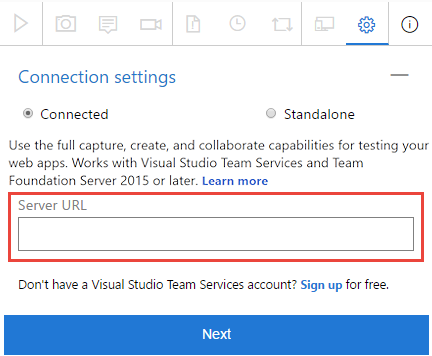 Screenshot che mostra l'immissione dell'URL di Azure DevOps a cui connettersi.