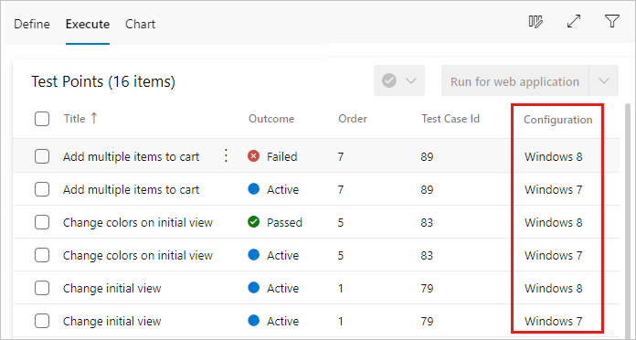 Screenshot di diverse configurazioni assegnate a una suite di test.