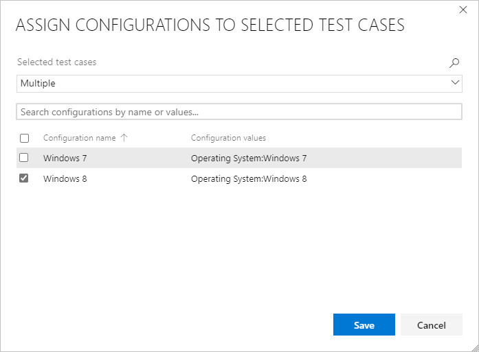 Screenshot della selezione delle configurazioni per un caso di test.