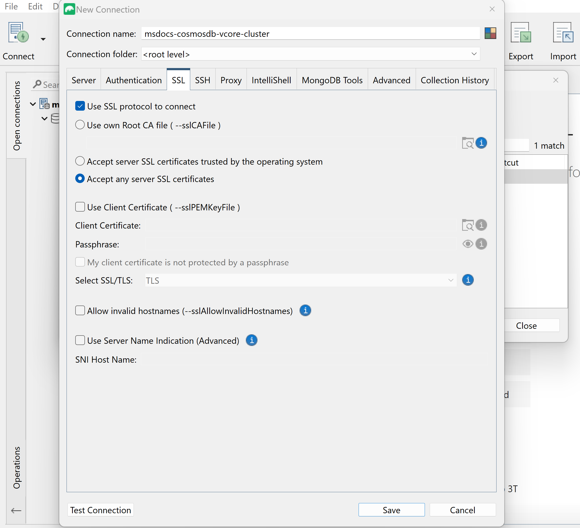 Screenshot dei dettagli SSL in Studio 3T per una nuova connessione.