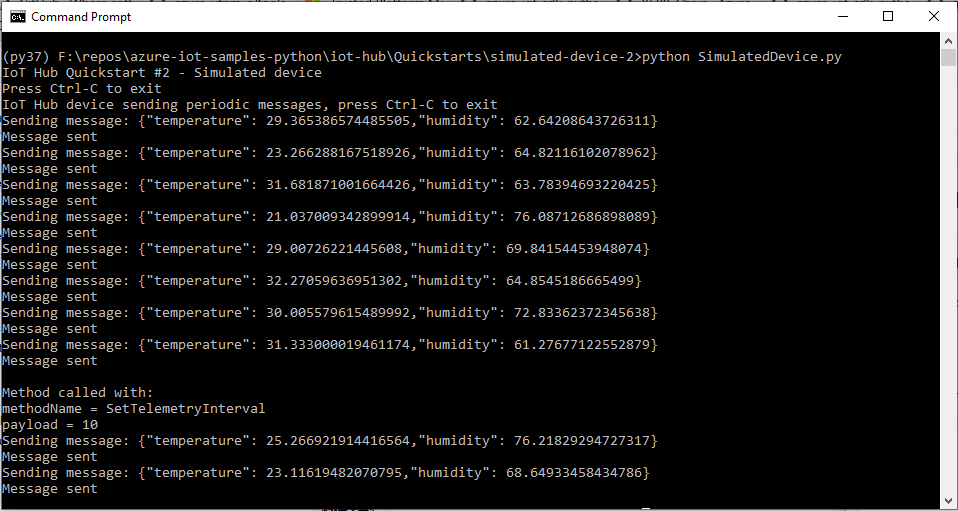 Screenshot di una finestra del terminale che mostra il risultato diretto del messaggio e l'output aggiornato dall'applicazione del dispositivo simulato.