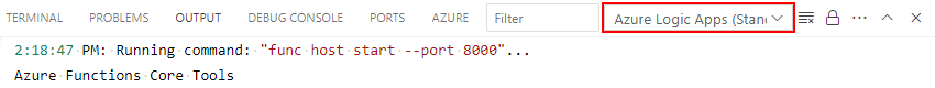 Screenshot che mostra la finestra di Output con l'elenco degli ambiti e le App per la logica di Azure (Standard) selezionate.