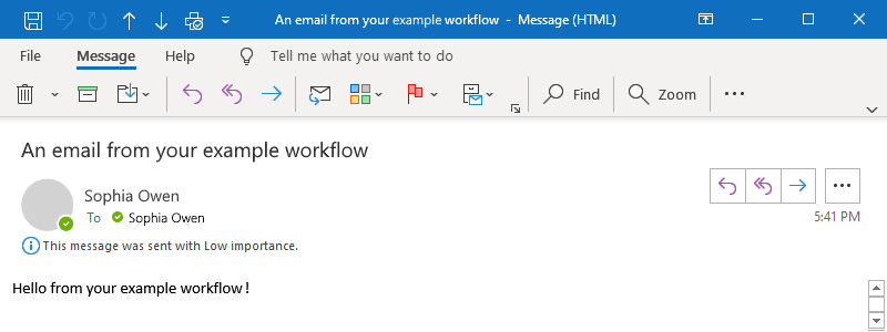 Screenshot che mostra la posta elettronica di Outlook come descritto nell'esempio.