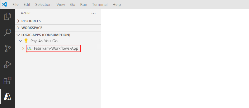 Lo screenshot mostra Visual Studio Code con la sezione Risorse e la risorsa dell’app per la logica a consumo distribuita.
