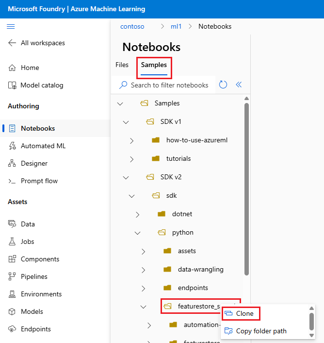 Screenshot che mostra la selezione della directory di esempio in studio di Azure Machine Learning.