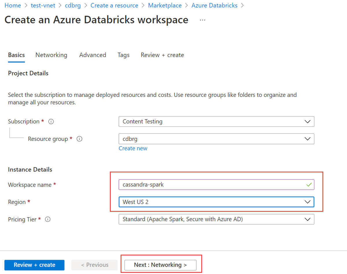 Screenshot che mostra una finestra di dialogo in cui è possibile immettere il nome, l'area e il piano tariffario dell'area di lavoro per l'account Azure Databricks.