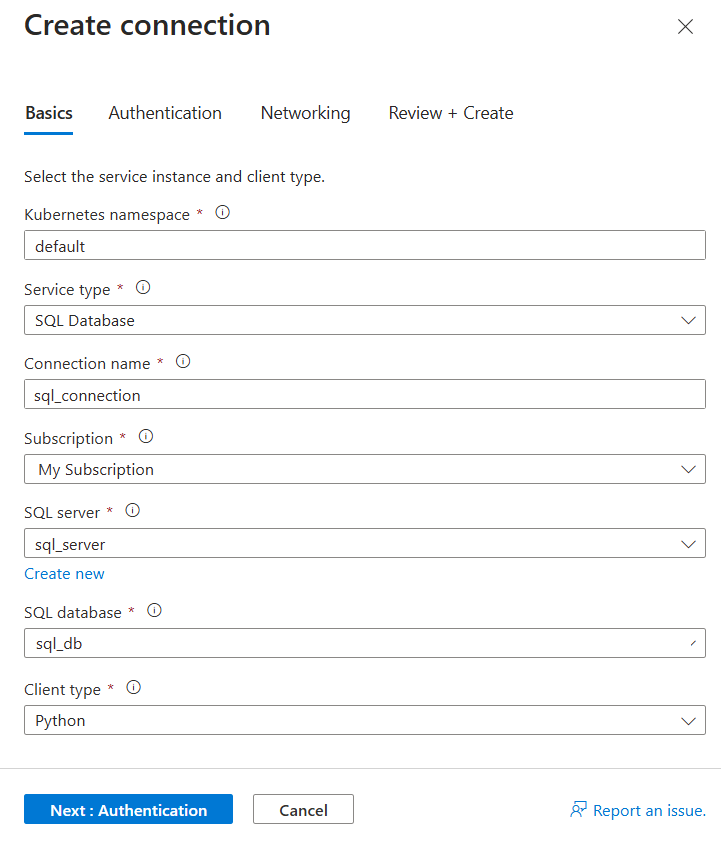Screenshot del portale di Azure che mostra il modulo per creare una nuova connessione a un database SQL nel servizio Azure Kubernetes.