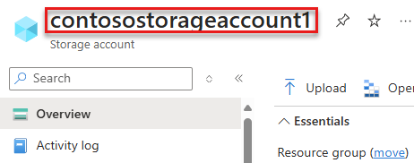 Screenshot della pagina del portale di Azure che evidenzia il nome dell'account di archiviazione.
