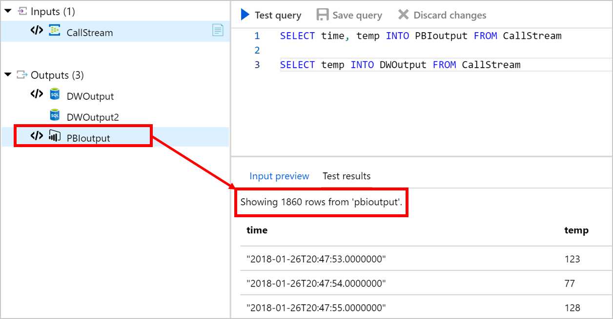 Screenshot dei risultati dei test Analisi di flusso di Azure con una destinazione di output selezionata.