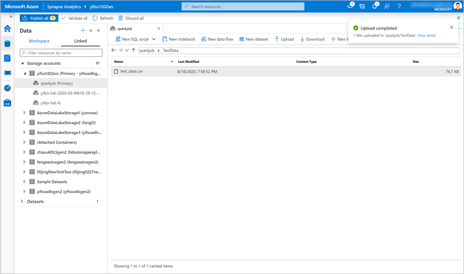 Screenshot che mostra le selezioni per il caricamento dei dati.