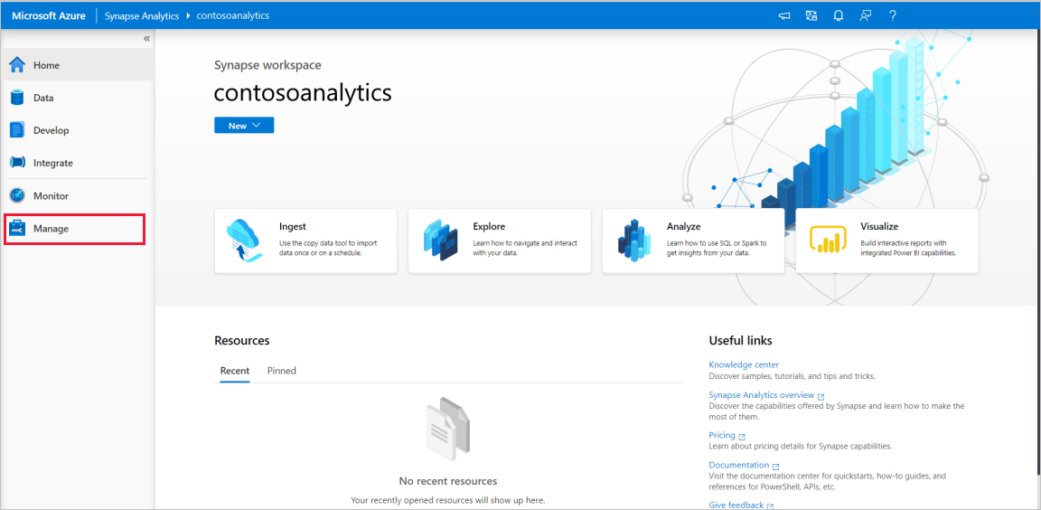 Screenshot della home page di Synapse Studio con la sezione Hub di gestione evidenziata.