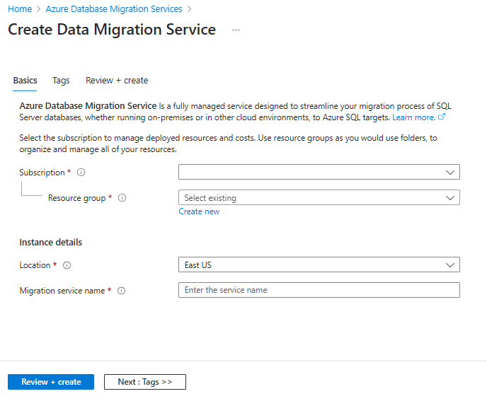 Screenshot che mostra i dettagli di input richiesti del Servizio di migrazione del database.