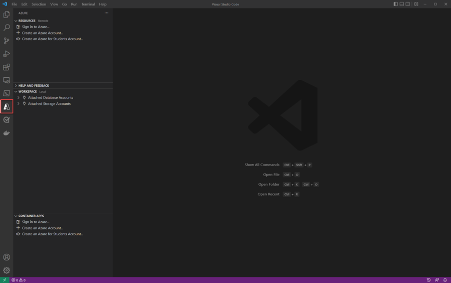 Screenshot di Visual Studio Code che mostra come accedere agli strumenti di Azure.