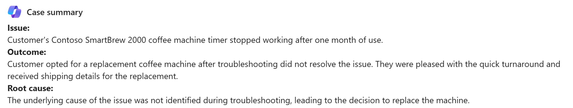 Screenshot di un paragrafo del riepilogo di un caso in Copilot.