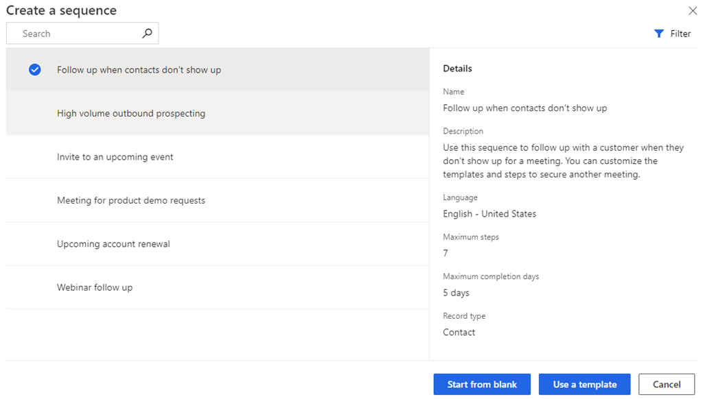 Screenshot della selezione di un'opzione per creare una sequenza in Dynamics 365 Sales.