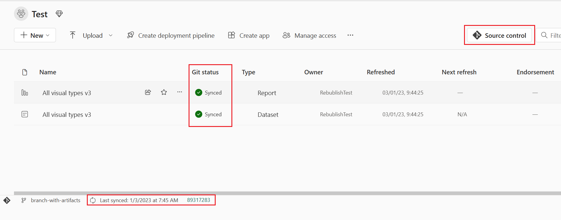 Screenshot dell'icona del codice sorgente e delle altre informazioni relative a Git.