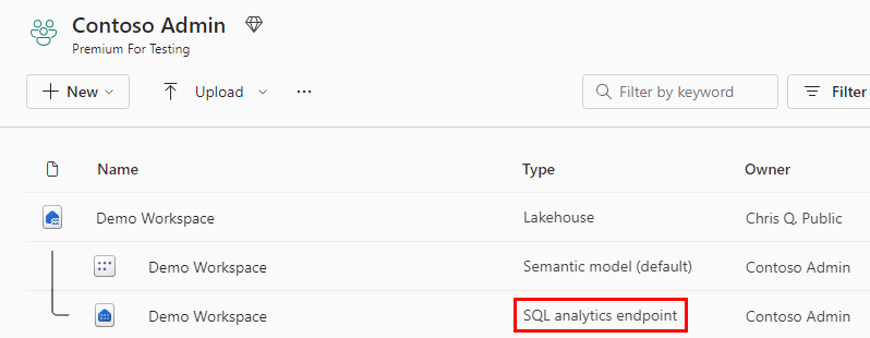 Screenshot che mostra il tipo di endpoint di analisi SQL nell'area di lavoro.