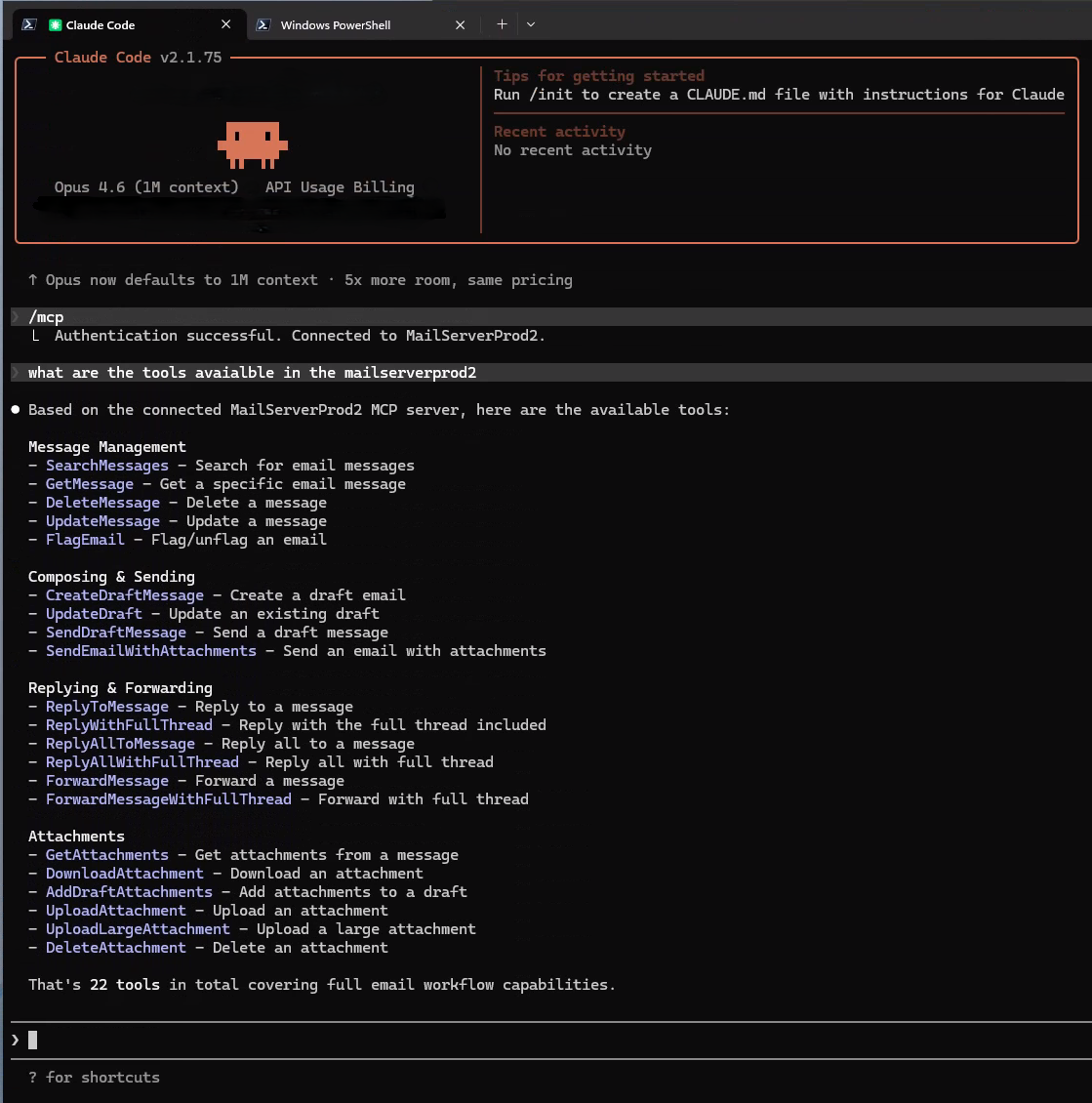 Screenshot di una finestra di script di PowerShell con vari comandi correlati al server MCP di Work IQ Mail.