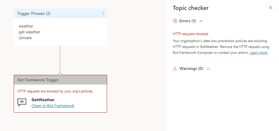Screenshot del pannello controllo argomenti in Copilot Studio con un messaggio di errore che indica che le richieste HTTP sono bloccate.