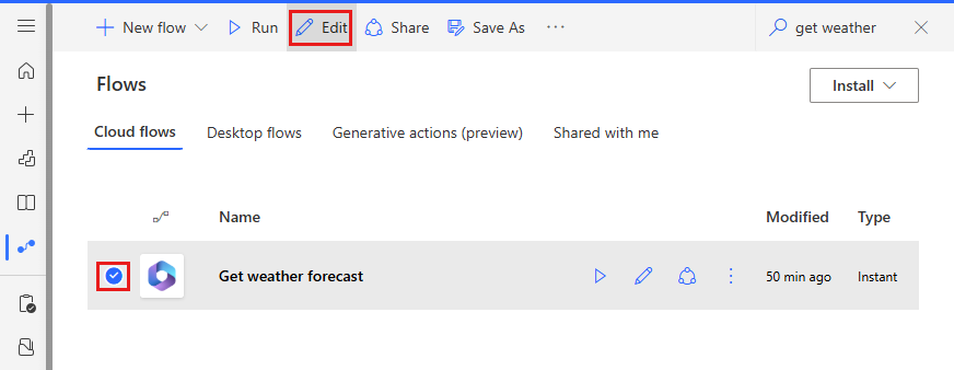 Screenshot del flusso Ottieni previsioni meteo nella soluzione predefinita.