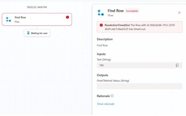 Screenshot dell'avviso di timeout del flusso dell'agente.