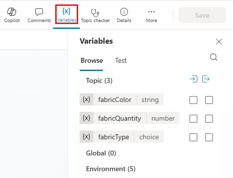Screenshot del pannello Variabili con il pulsante Variabili evidenziato.