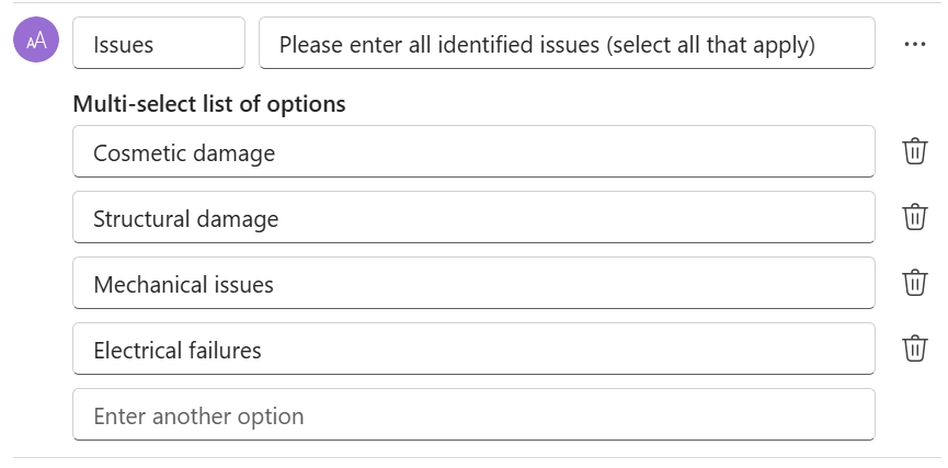 Screenshot delle opzioni di selezione multipla per gli input di testo in Copilot Studio.