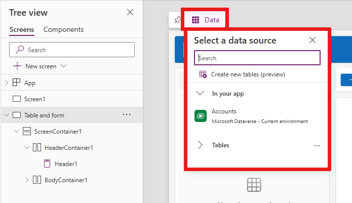 Screenshot che mostra la posizione del pulsante Dati, in cui è possibile selezionare un'origine dati da un elenco.