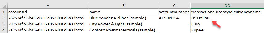 File di esportazione di esempio da una tabella Account che mostra il nome della valuta come chiave naturale.