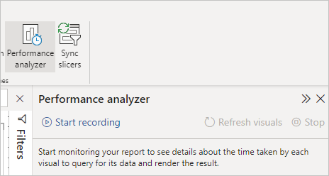 Screenshot del riquadro Analizzatore prestazioni in Power BI Desktop.